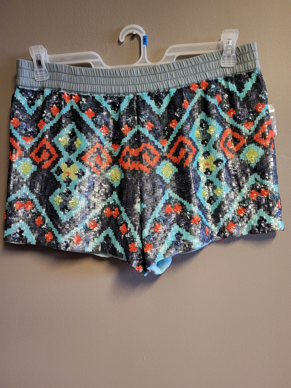 Sequined Geometric Aqua Orange Teal Gray Aztec Festival Rave Boho Women’s Shorts